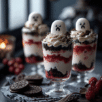 Ghostly Yogurt Parfaits with berry swirl and cookie crumbs on a Halloween table