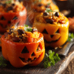 Jack-o’-lantern stuffed peppers Halloween potluck