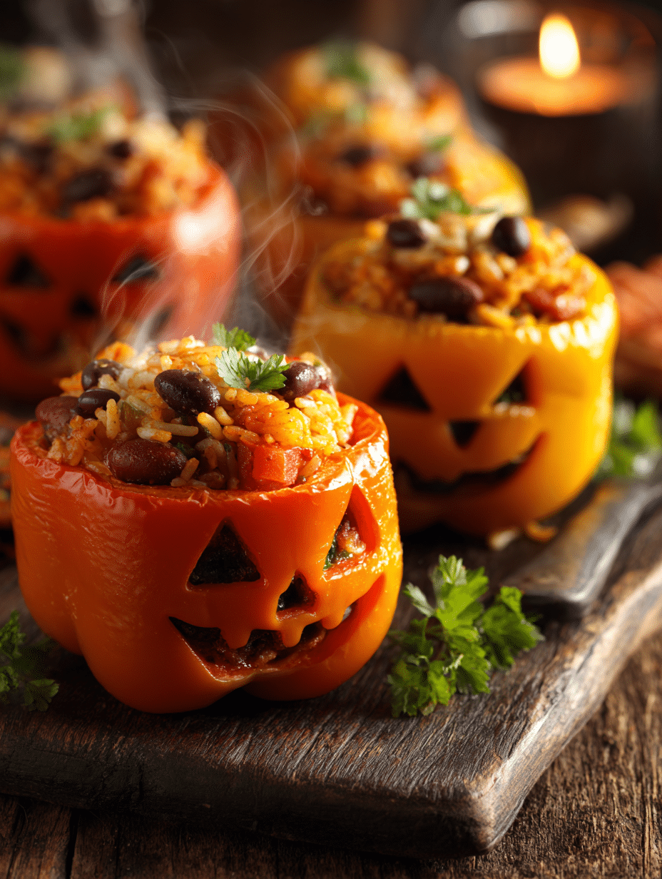 Jack-o’-lantern stuffed peppers Halloween potluck