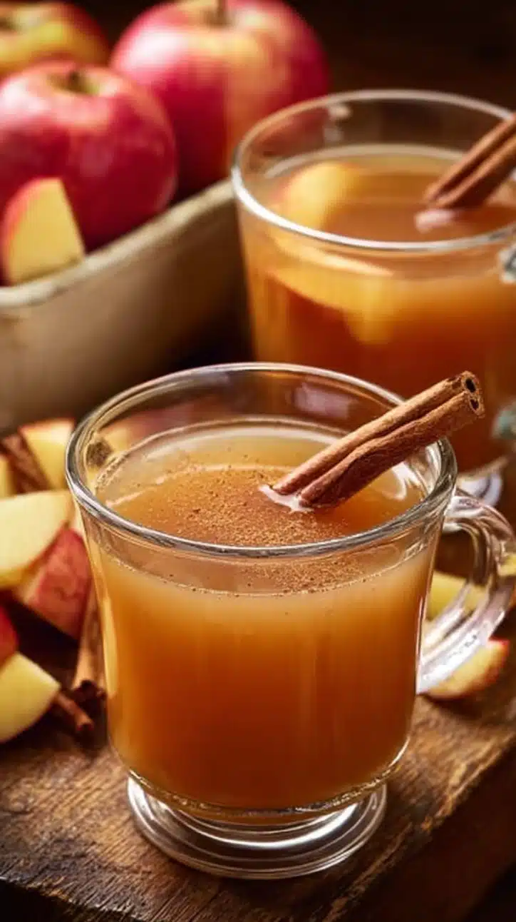 Homemade apple cider served warm in a glass mug with cinnamon sticks and orange slices on a rustic fall table.