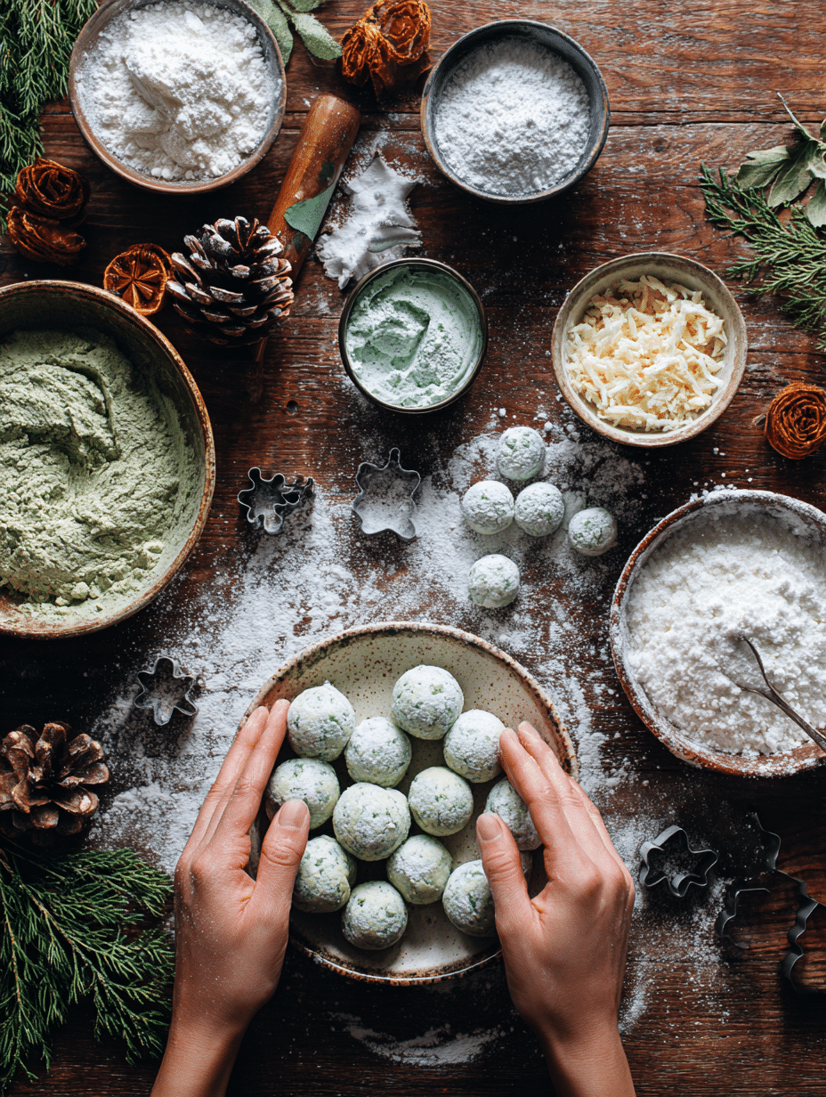 Rolling Christmas cream cheese mint dough into small round candies