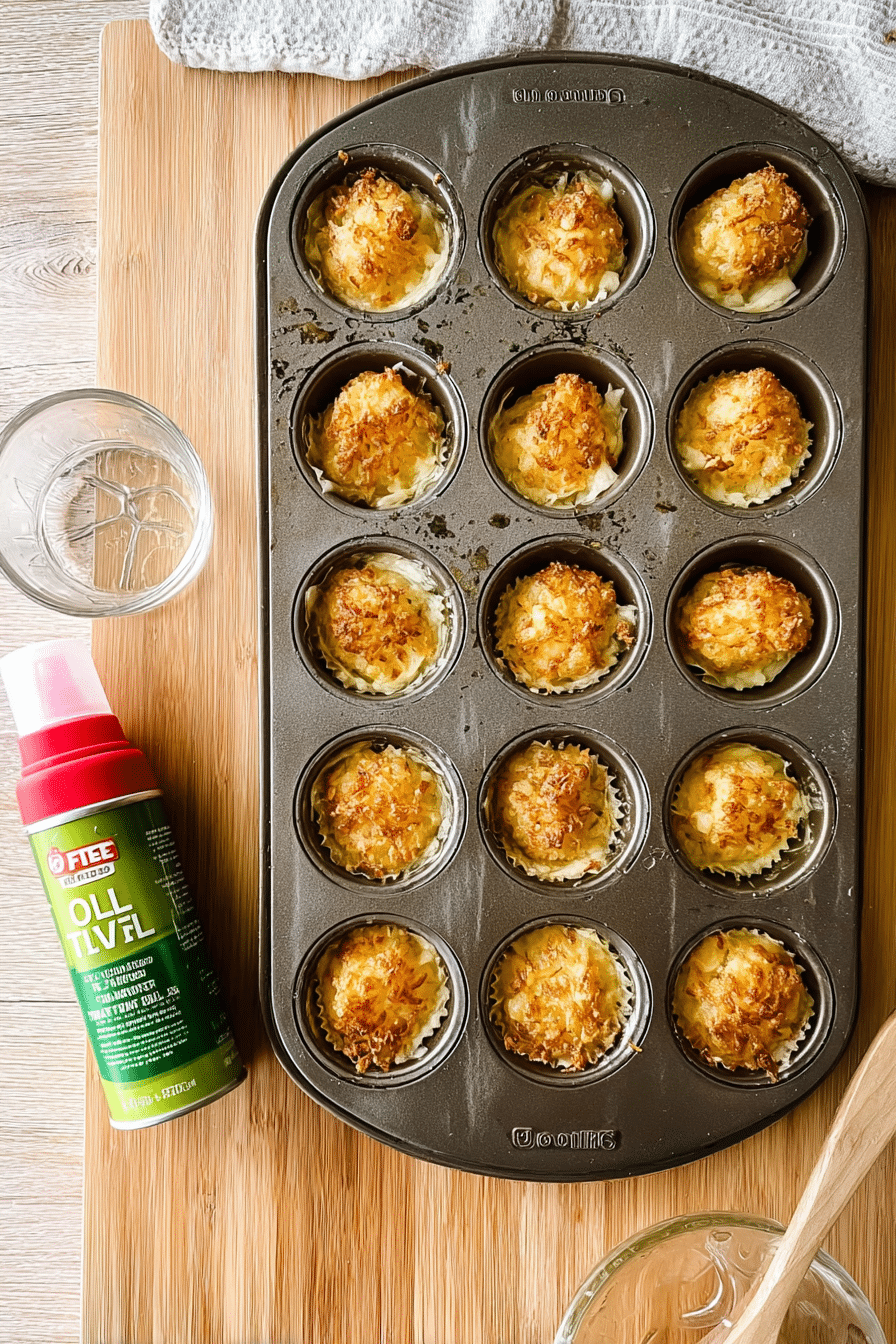 Hands pressing baked tater tots into muffin tin to form cups