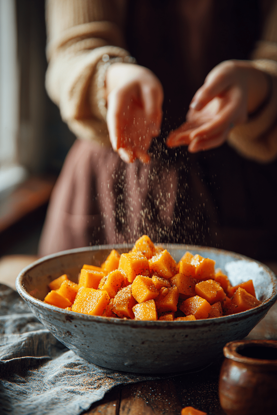 Hands tossing butternut squash with melted butter and brown sugar