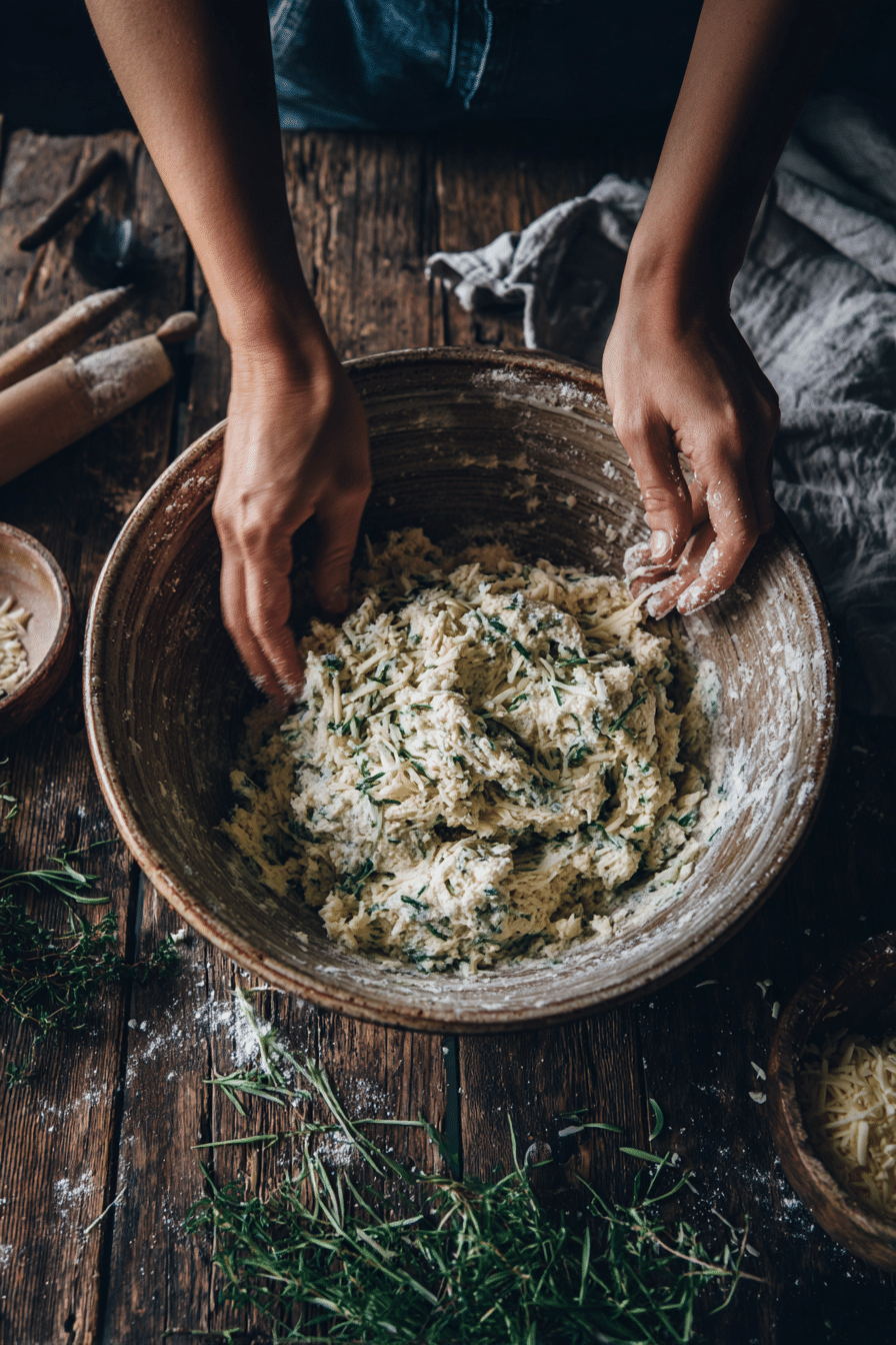 Hands mixing cheddar and herb soda bread dough with cheese and herbs in a ceramic bowl