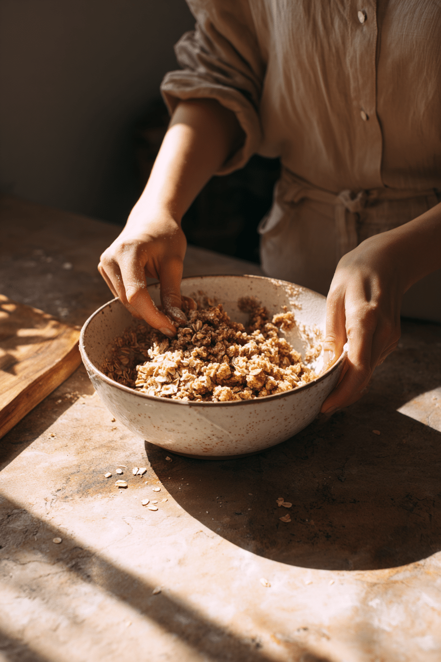 Hands mixing oat crumble topping for cozy apple crisp recipe