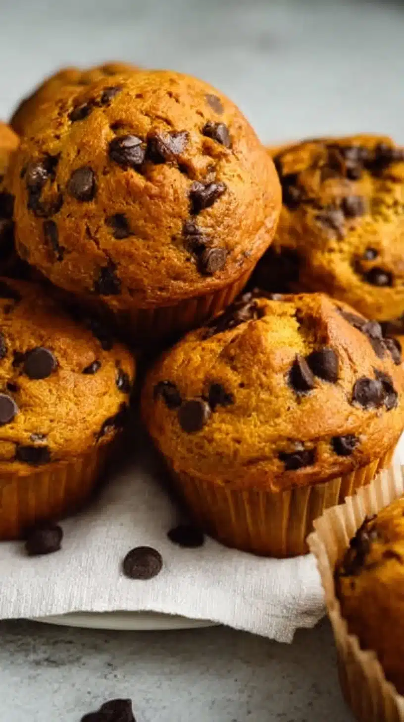 Freshly baked Pumpkin Chocolate Chip Muffins with Almond Butter on a plate