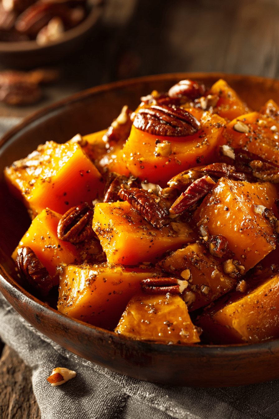 Bowl of roasted brown sugar butternut squash with pecans