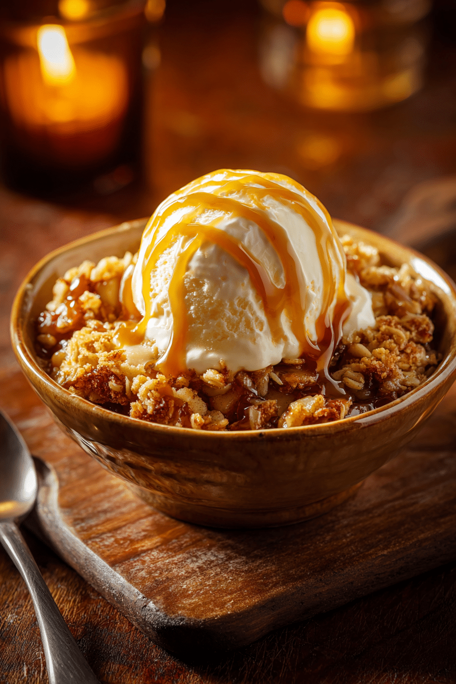 Warm apple crisp served with vanilla ice cream and caramel drizzle