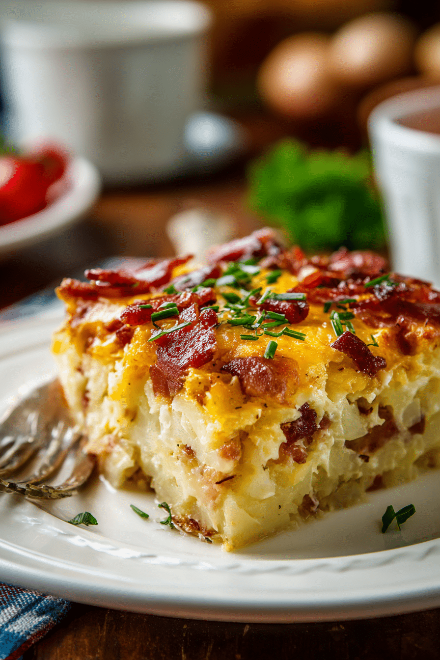 Serving of turkey bacon breakfast casserole with melted cheese