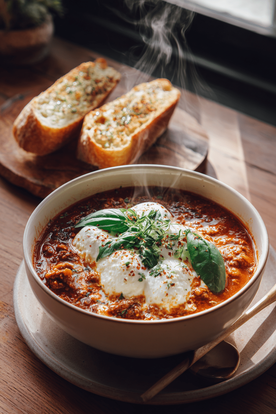 Serving bowl of slow cooker lasagna soup with cheese and garlic bread