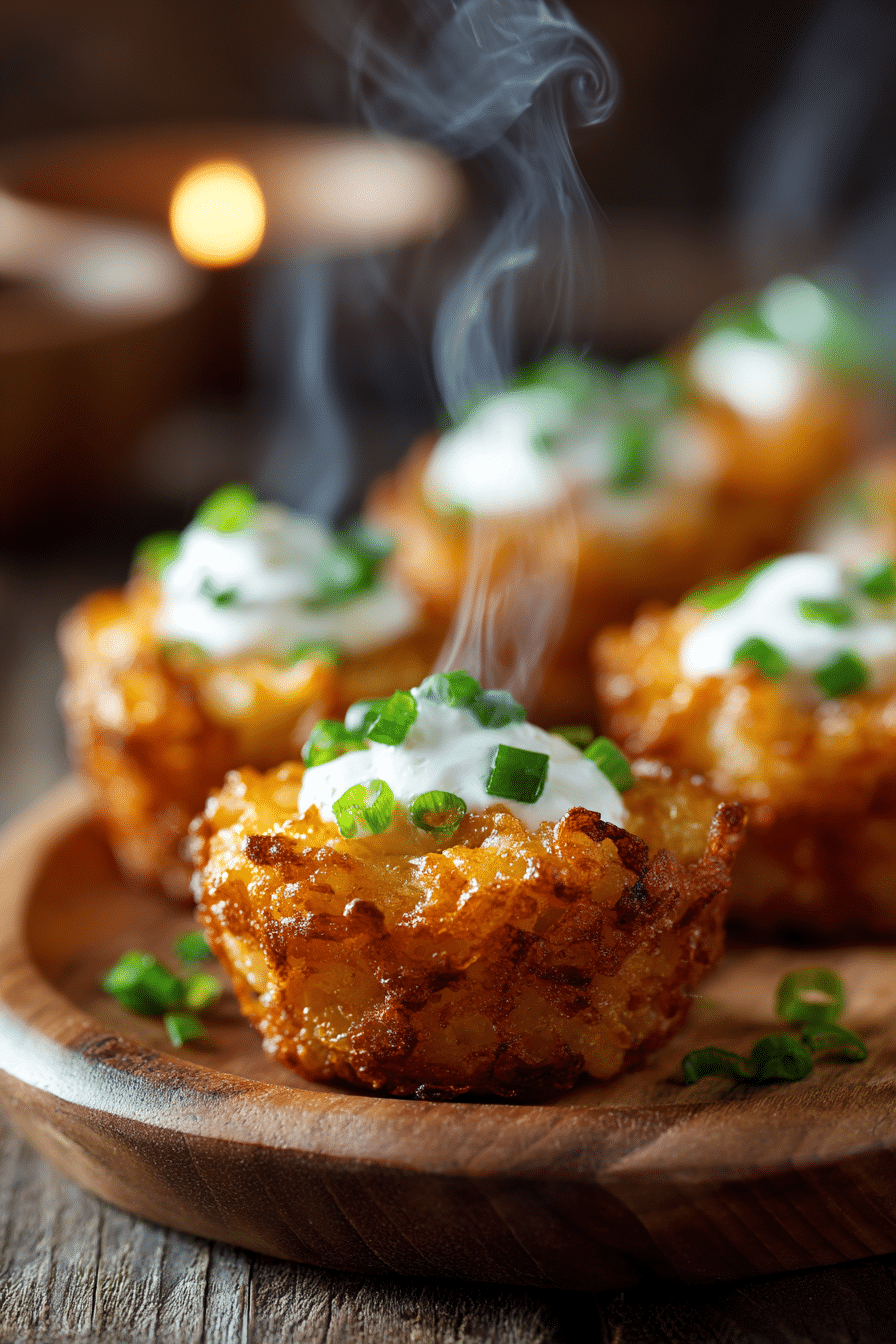 Tater tot appetizer cups topped with sour cream and green onions