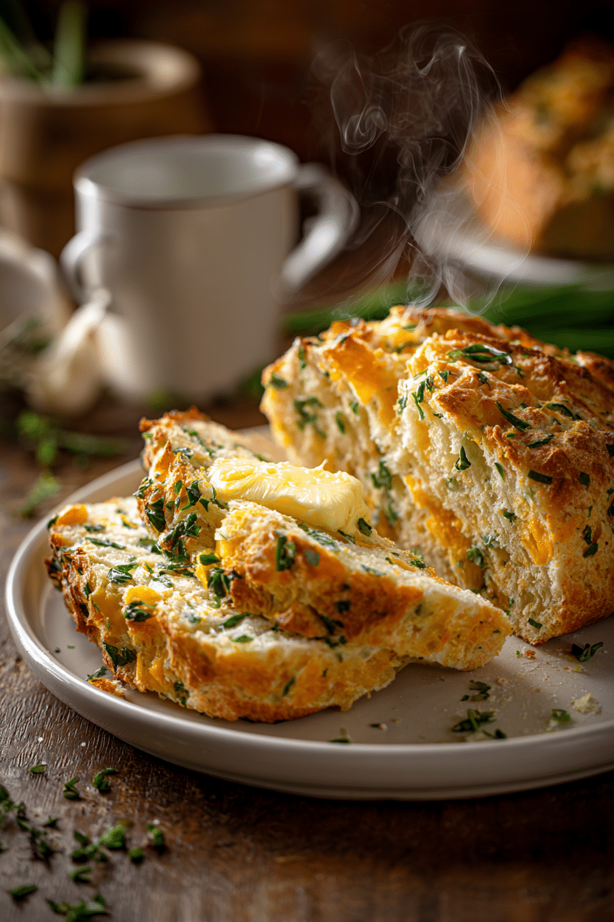 Sliced cheddar and herb soda bread served warm with butter and herbs