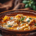 Bowl of slow cooker lasagna soup with melted cheese and basil garnish