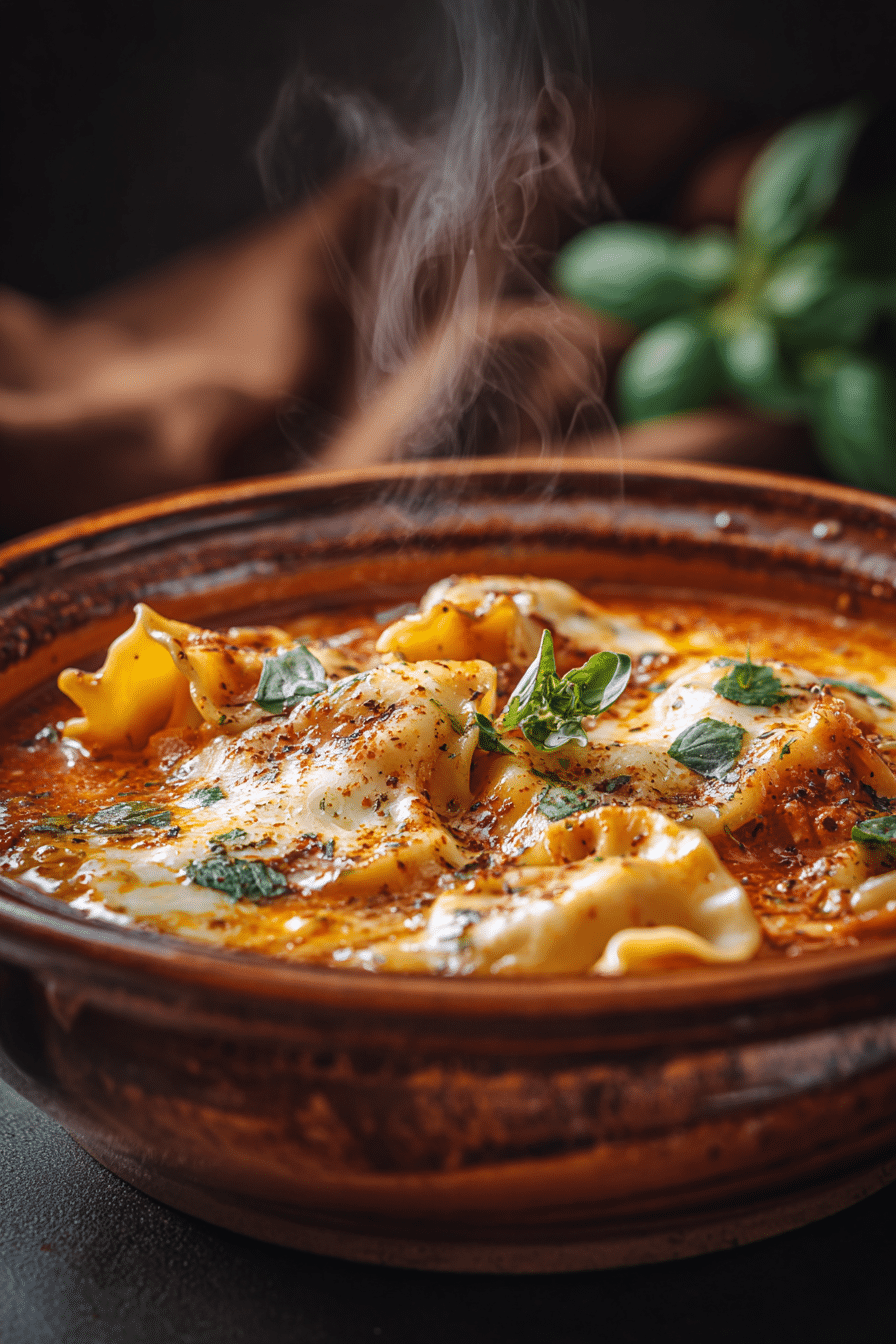 Bowl of slow cooker lasagna soup with melted cheese and basil garnish