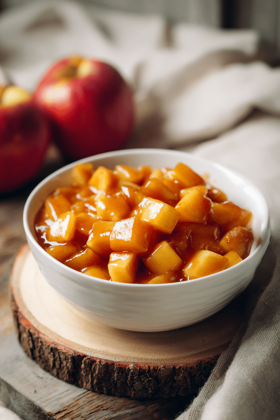 Close-up of warm stewed apples with cinnamon glaze in a white ceramic bowl on a wooden board — cozy fall dessert idea.