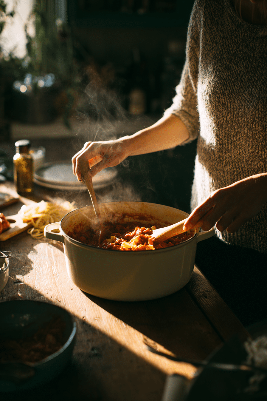 Hands stirring lasagna soup ingredients in slow cooker