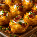 Crispy tater tot appetizer cups filled with melted cheese and bacon