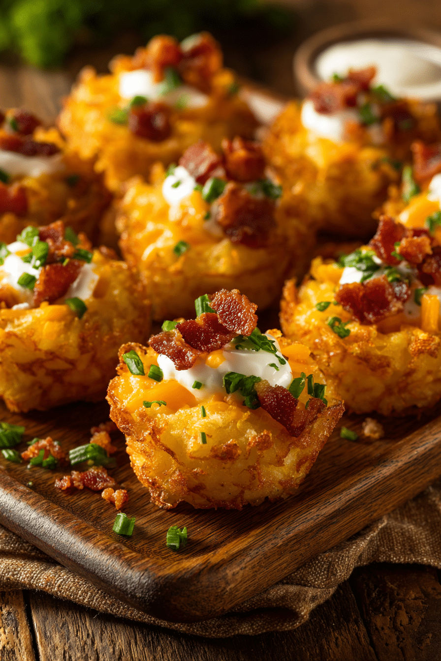 Crispy tater tot appetizer cups filled with melted cheese and bacon
