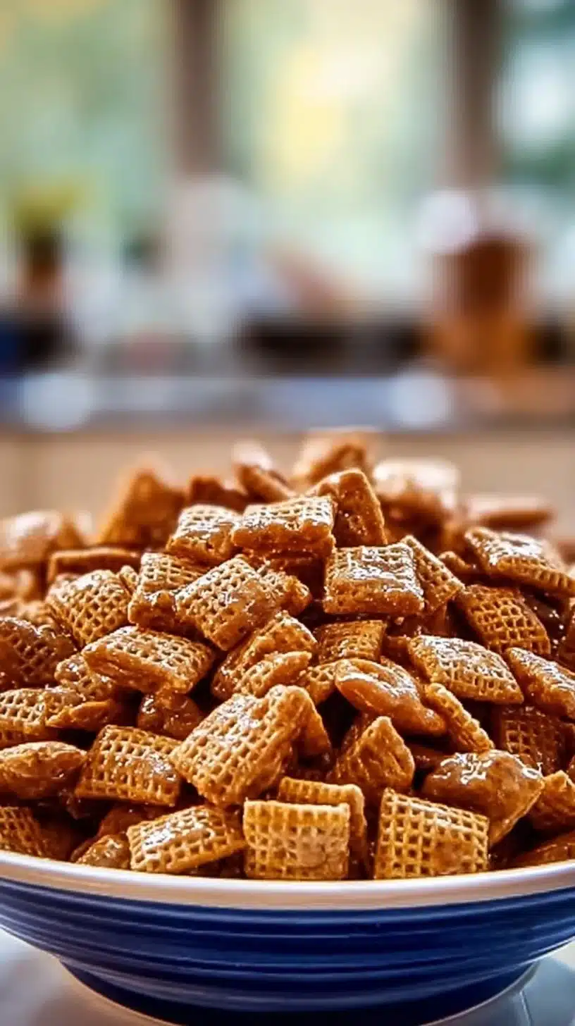 Delicious Toffee Chex Mix with a mix of crunchy cereal and sweet toffee flavor