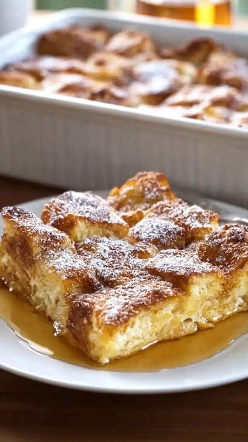 Traditional French toast casserole topped with syrup and powdered sugar
