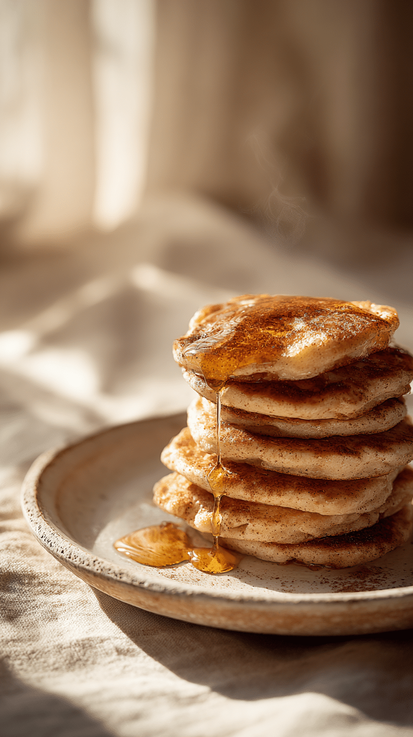 Stack of Spanish churro-inspired pancakes dusted with cinnamon sugar on a white plate.
