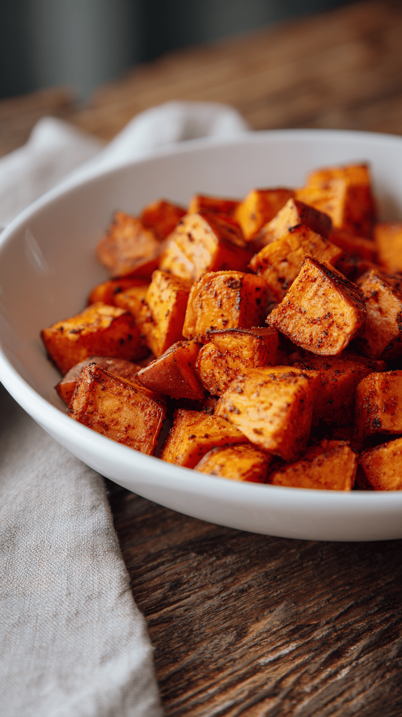 Close-up inclined shot of crispy air fryer sweet potato cubes in a white bowl on a wooden table.