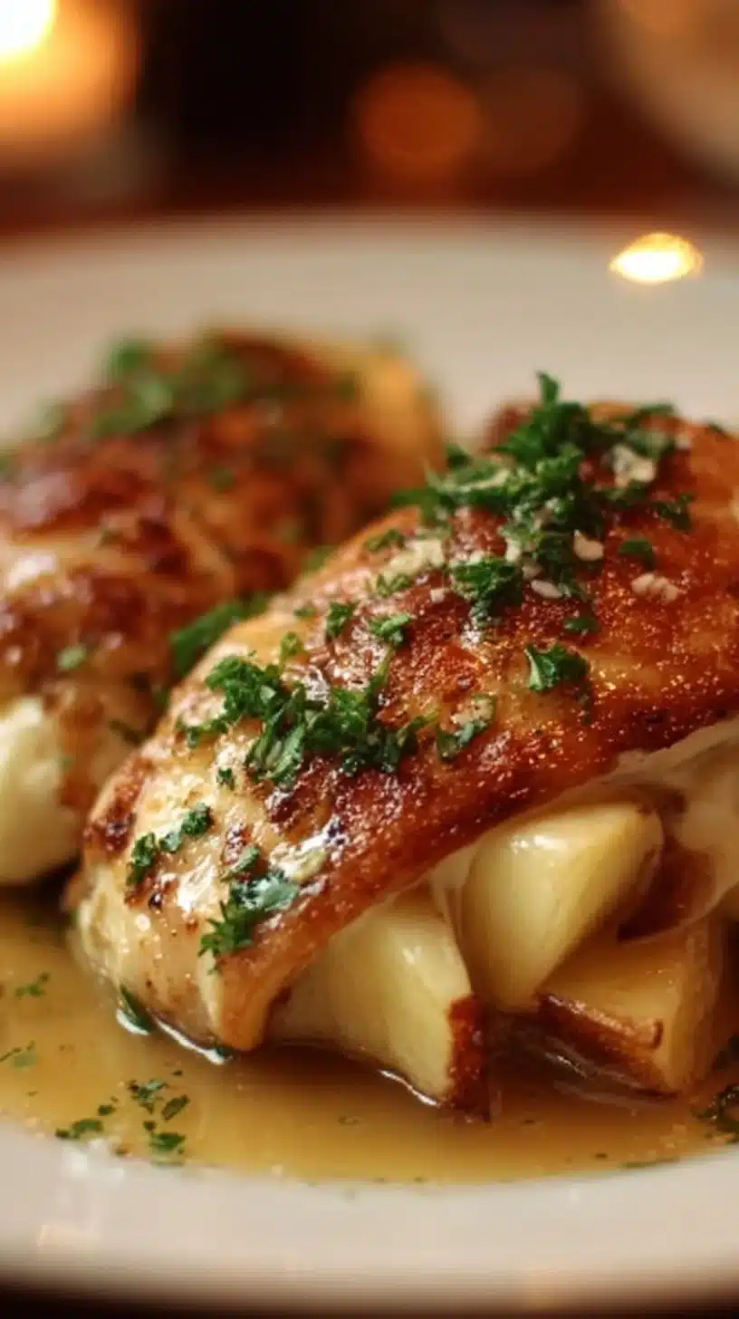 Apple and brie stuffed chicken breast garnished with fresh herbs