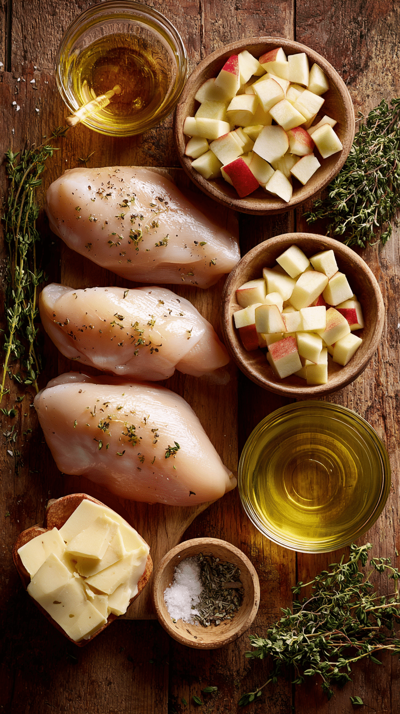 Ingredients for Apple and Brie Stuffed Chicken arranged neatly on a rustic surface, including chicken breasts, apples, brie, honey, thyme, and seasonings.