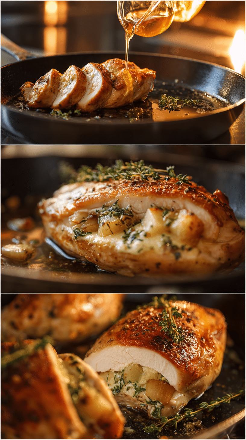 Preparation steps for Apple and Brie Stuffed Chicken including searing, baking, and the melted apple-brie filling.