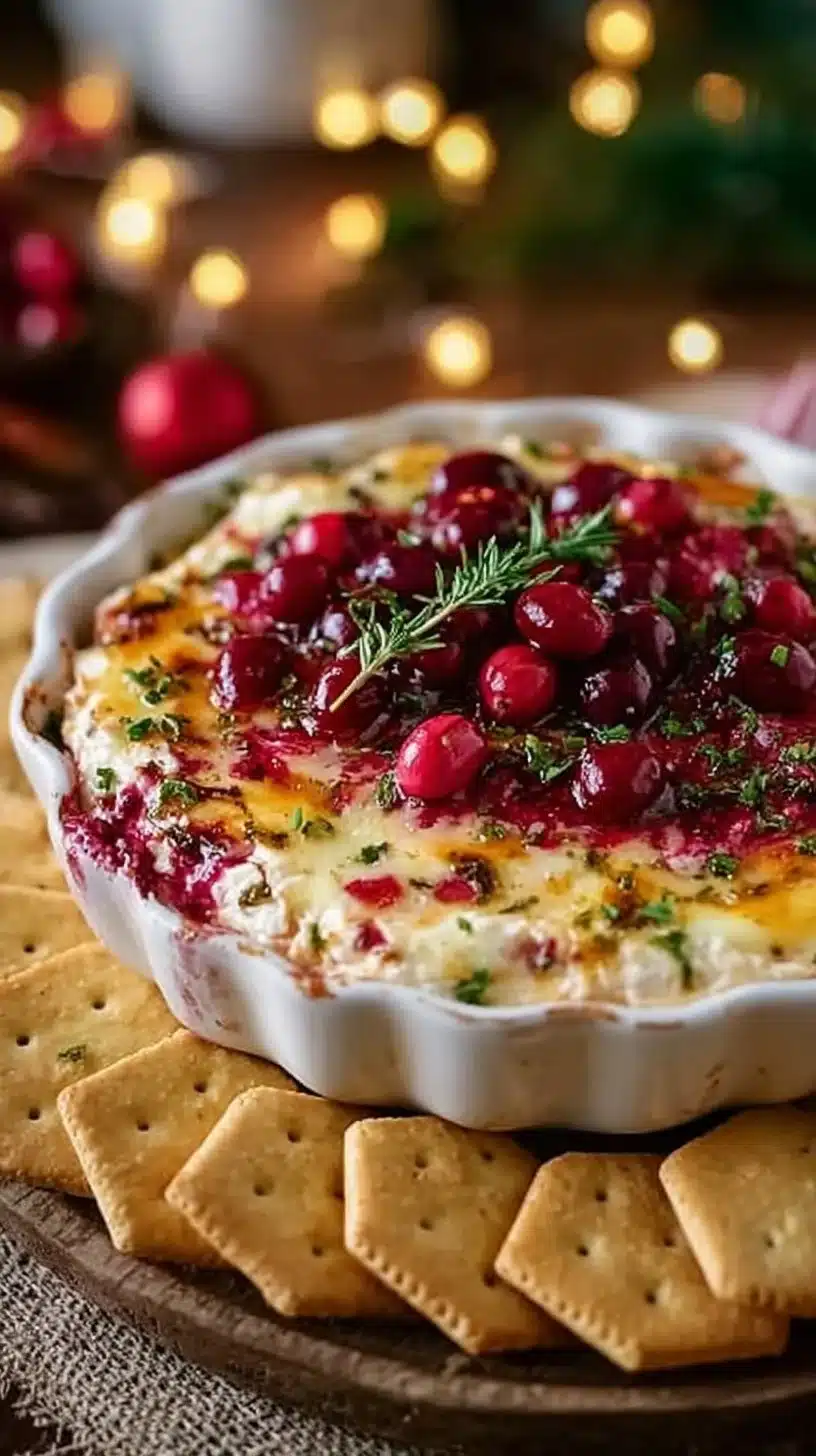 Baked cranberry cream cheese dip served in a cozy dish.