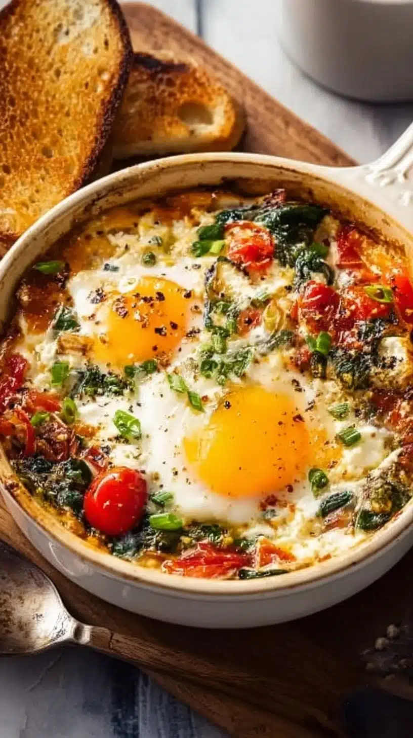 Baked feta eggs served with tomatoes and spinach in a vibrant dish