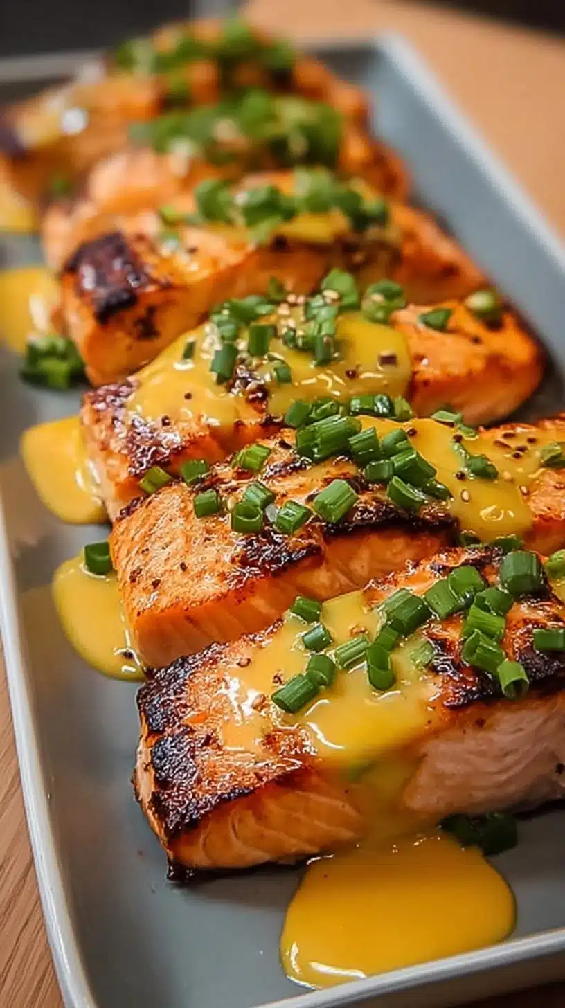 Dish of Bang Bang Salmon served with vegetables and sauce on a white plate
