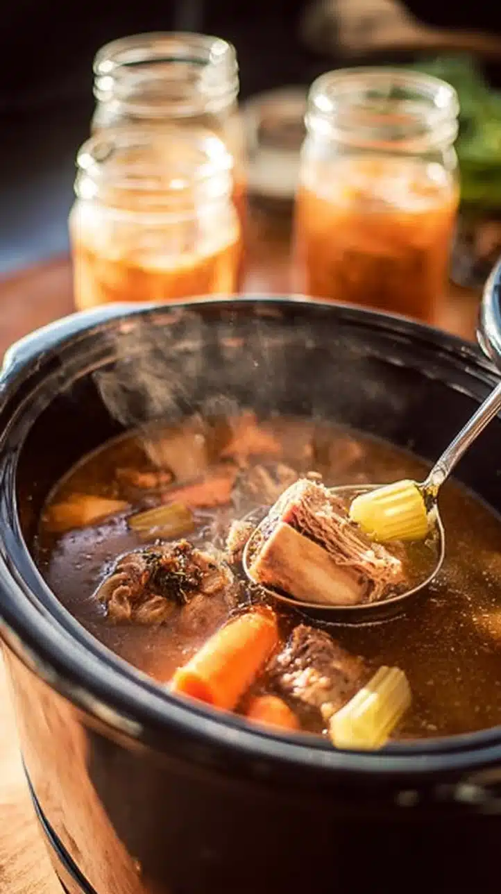 Warm homemade beef bone broth in a jar with rich golden color and fresh herbs.