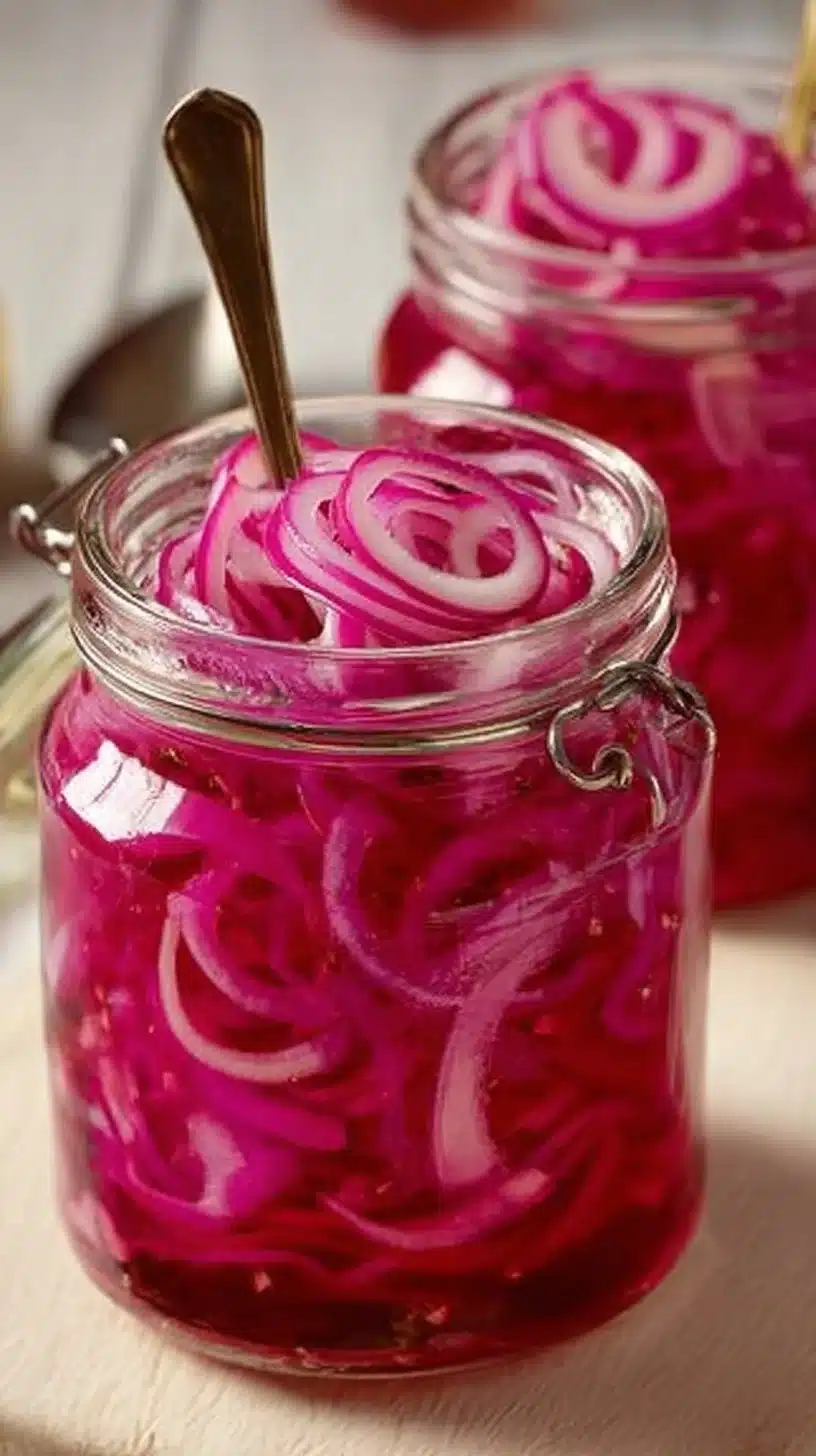 Bright and tangy quick pickled red onions in a jar with fresh ingredients