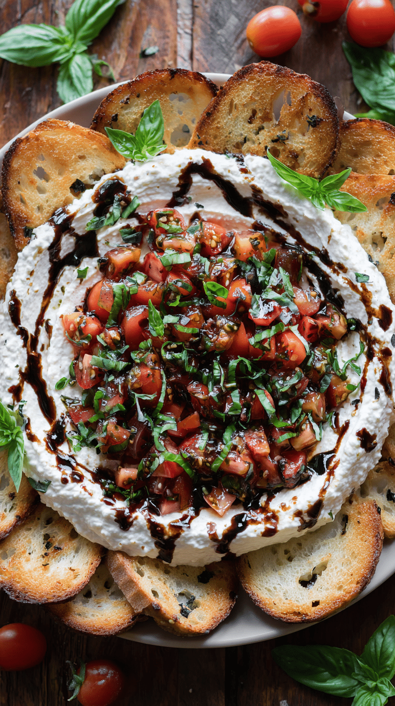 Bruschetta Dip topped with tomatoes, basil, and balsamic glaze served with toasted baguette slices