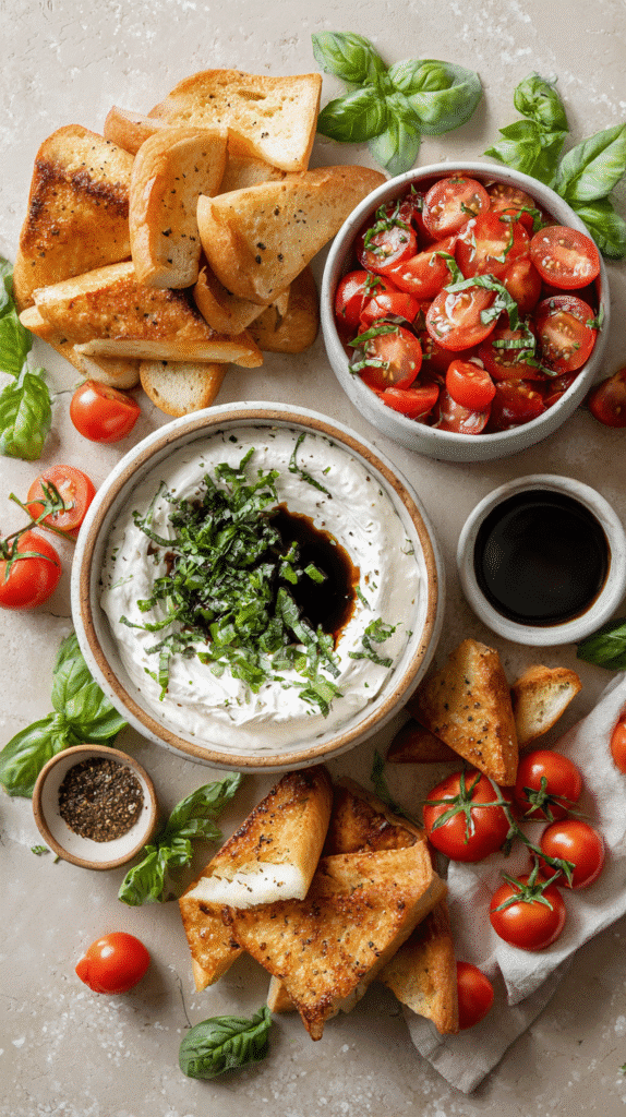 Flat lay of cheese spread, chopped tomatoes, basil, and balsamic glaze for Bruschetta Dip