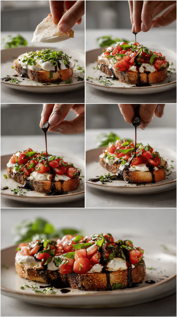 Step-by-step collage of spreading cheese, adding tomatoes and basil, and drizzling balsamic glaze for Bruschetta Dip