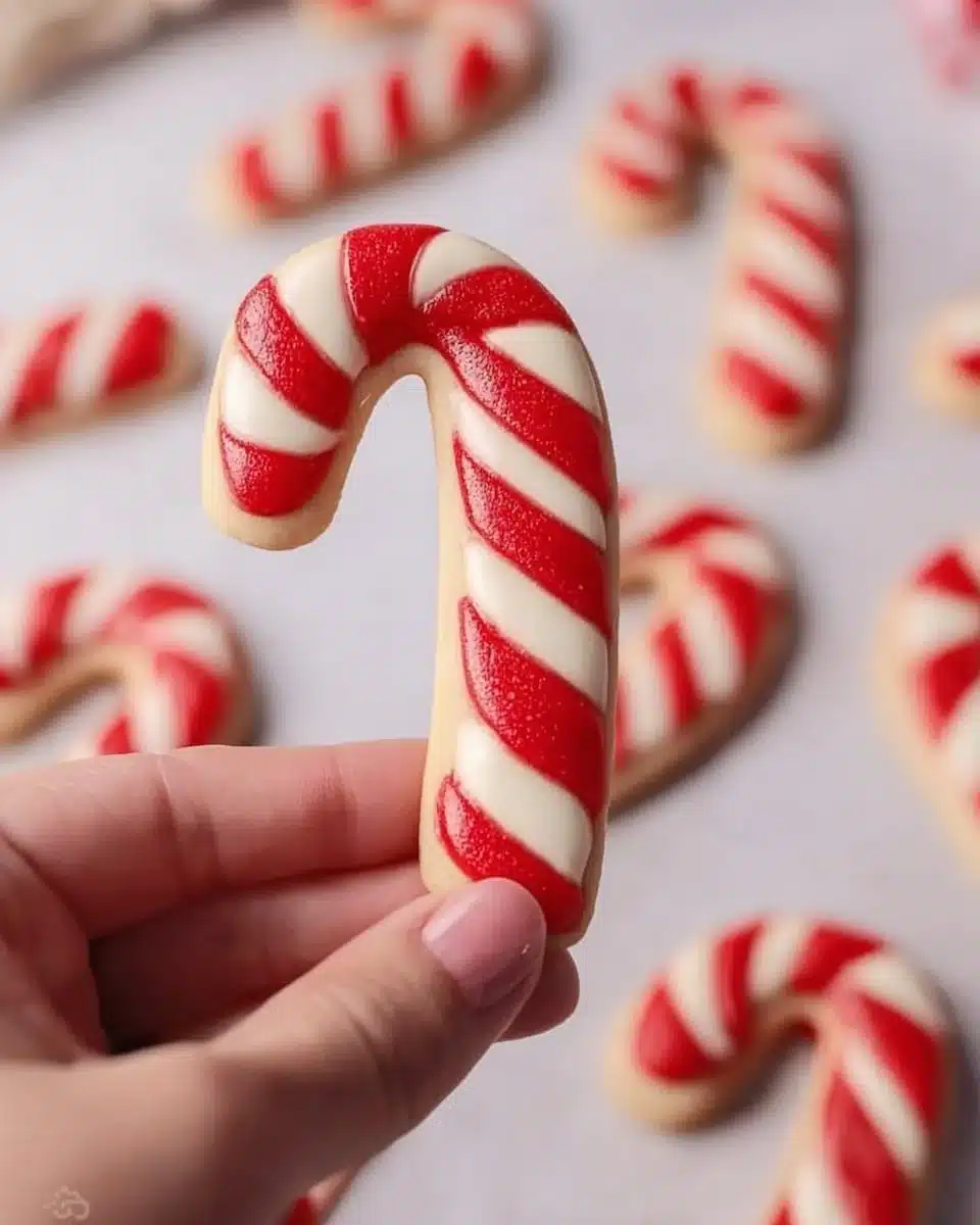 Delicious Candy Cane Cookies decorated with red and white stripes