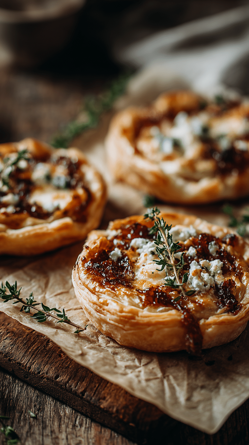 Golden puff pastry tarts topped with caramelized onions and goat cheese