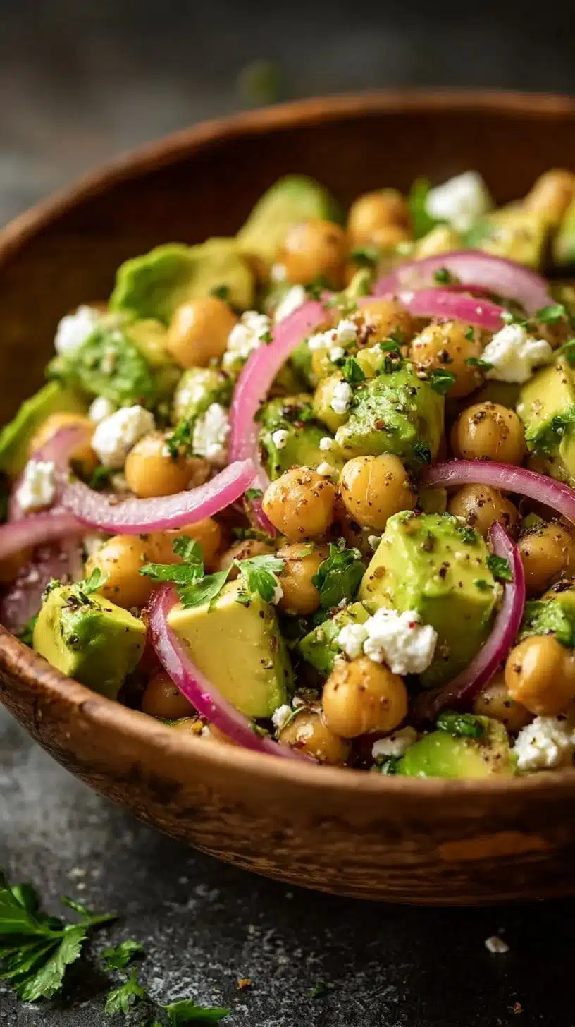 Chickpea Feta Avocado Salad served in a bowl with fresh ingredients