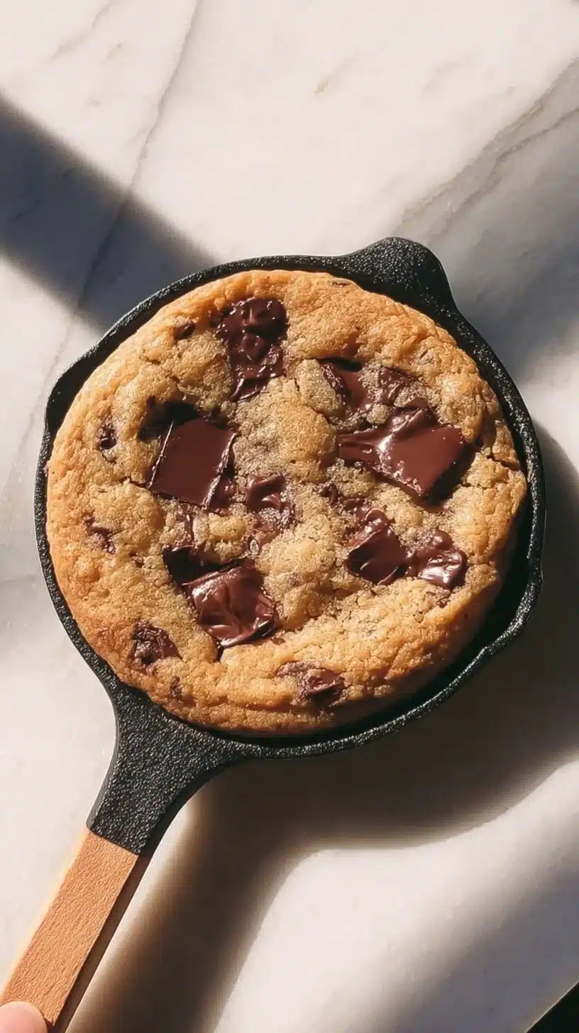 Delicious chocolate chip skillet cookie baked in a cast-iron skillet