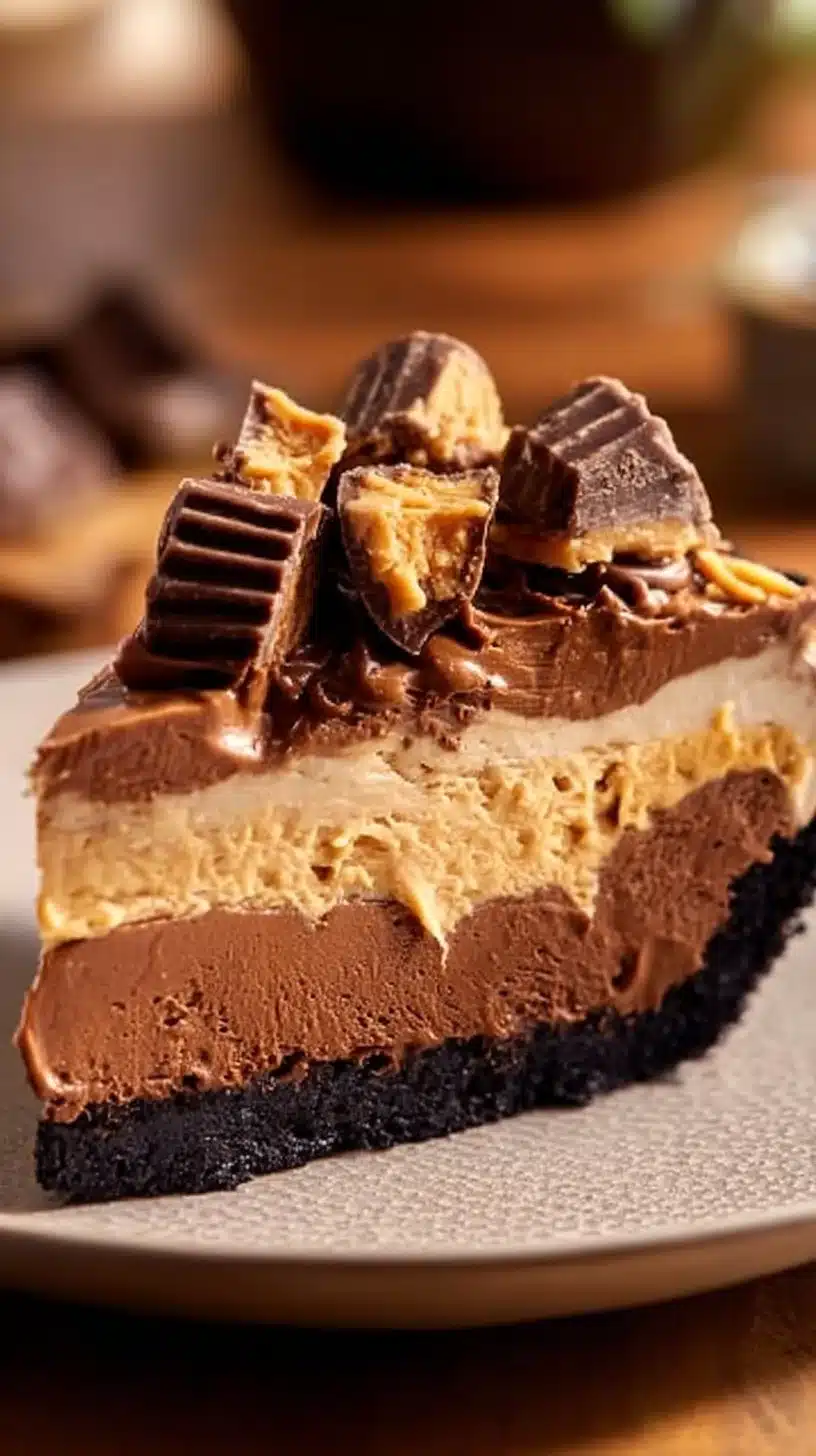 Delicious Chocolate Peanut Butter Pie with a creamy chocolate filling and peanut butter crust.