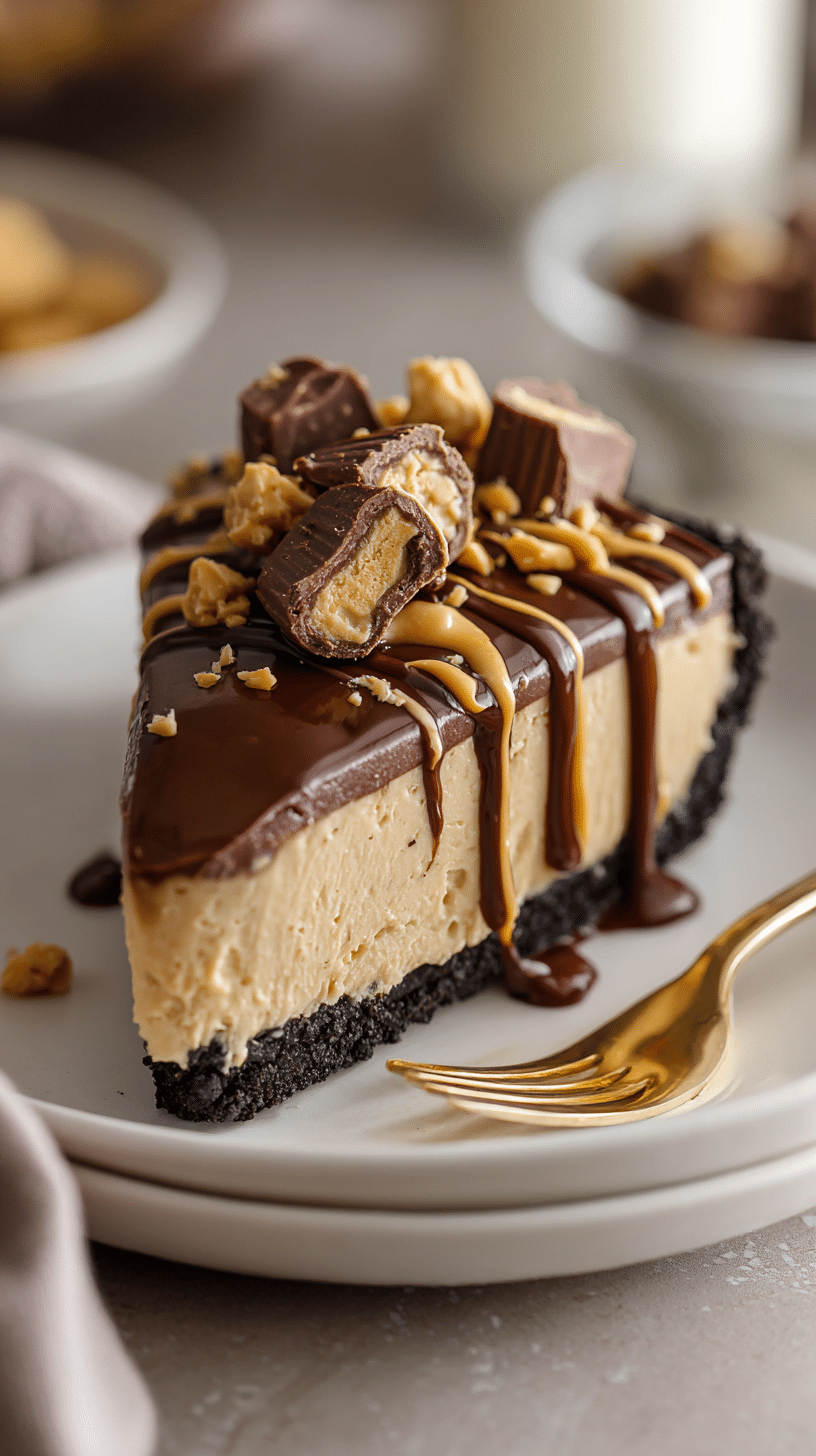 Slice of Chocolate Peanut Butter Pie topped with peanut butter drizzle and candy pieces
