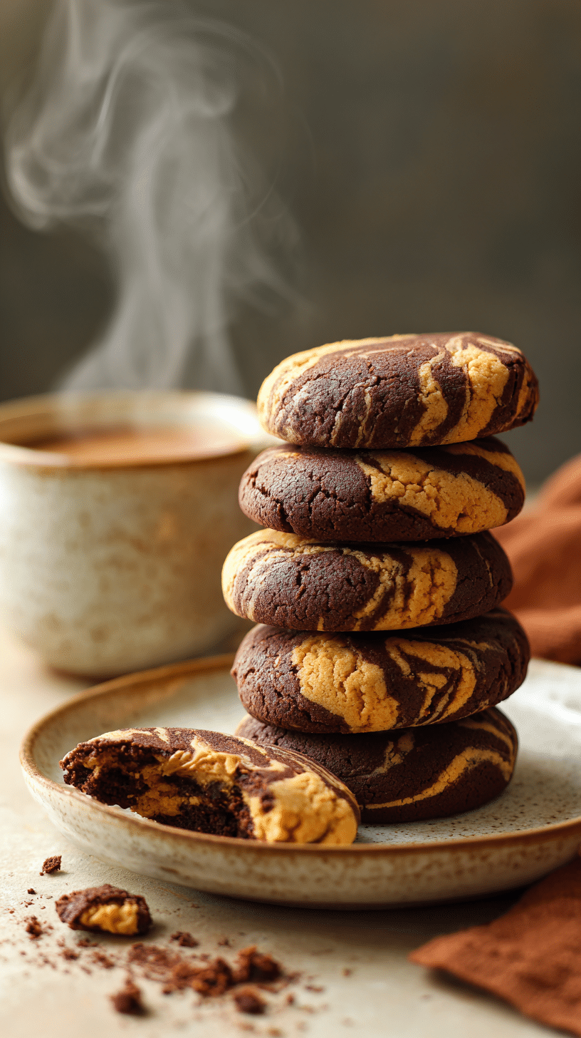 Stack of Chocolate Peanut Butter Swirl Cookies on a plate