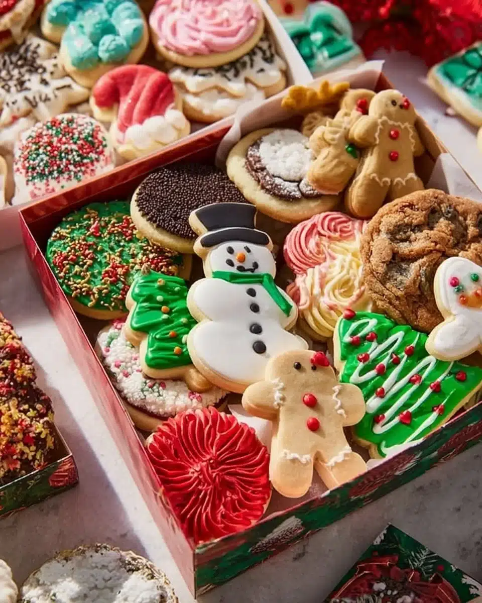 A beautifully arranged Christmas cookie box filled with various festive cookies.