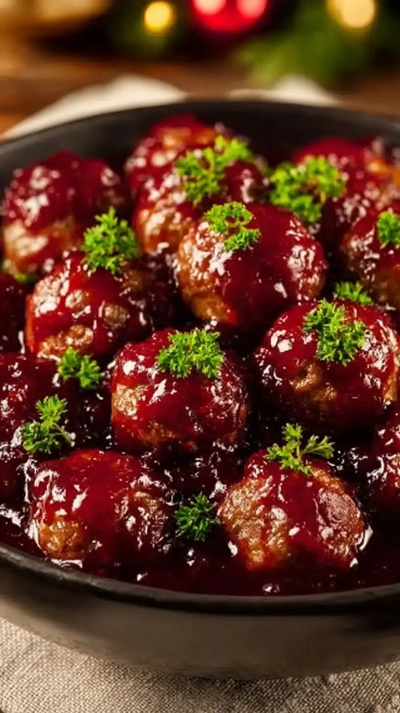 Delicious Christmas cranberry meatballs served on a festive platter