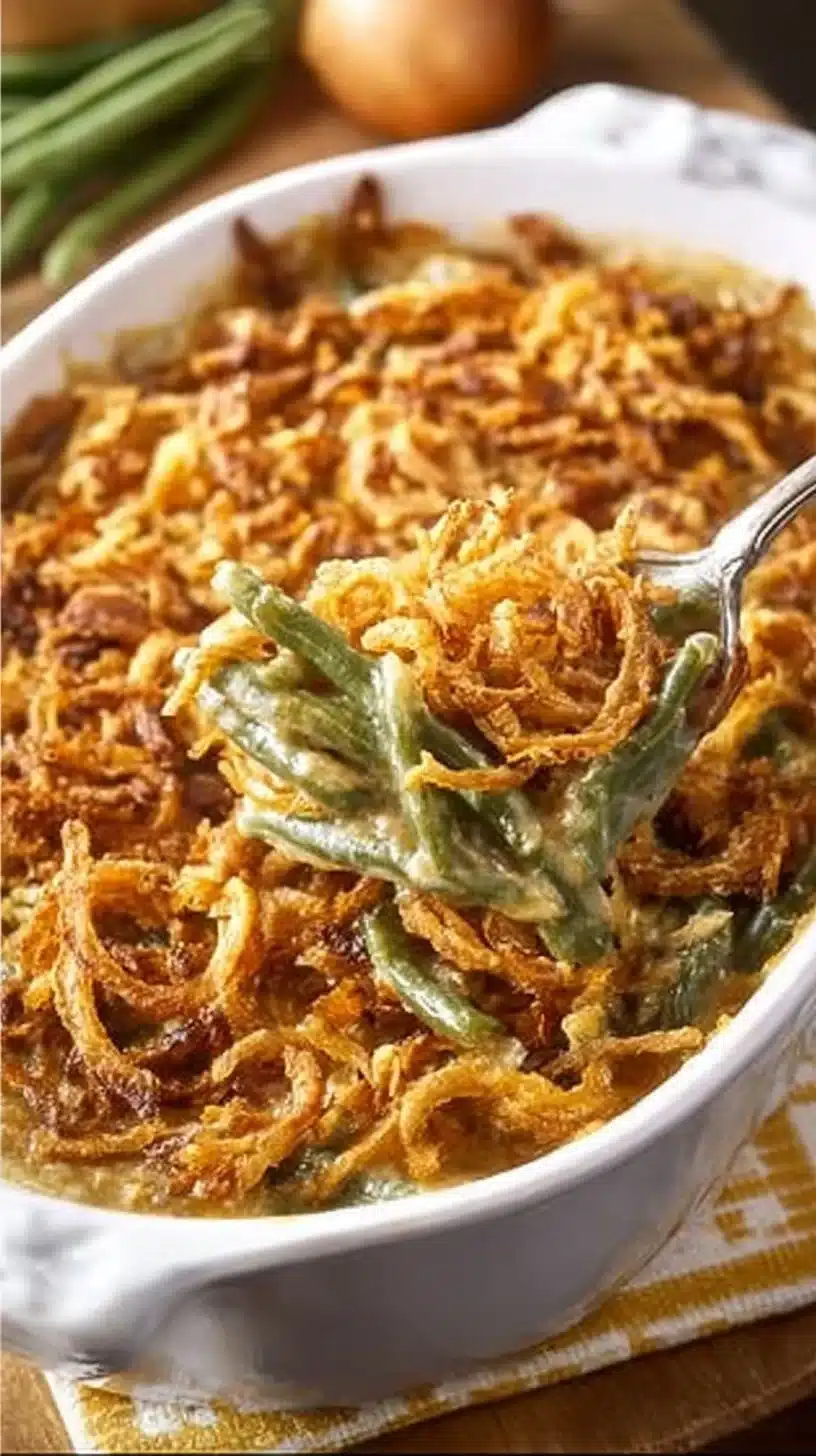 A classic Campbell's green bean casserole with crispy onion topping served in a baking dish.