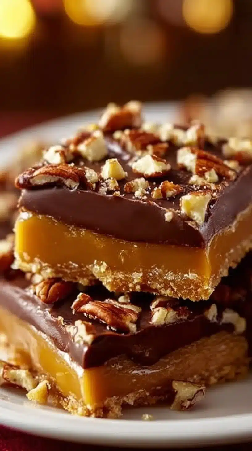 Delicious homemade classic Christmas toffee with nuts and chocolate.