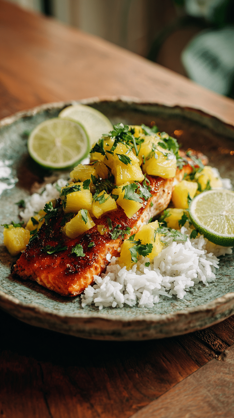 Coconut Crusted Salmon topped with pineapple salsa and served with jasmine rice
