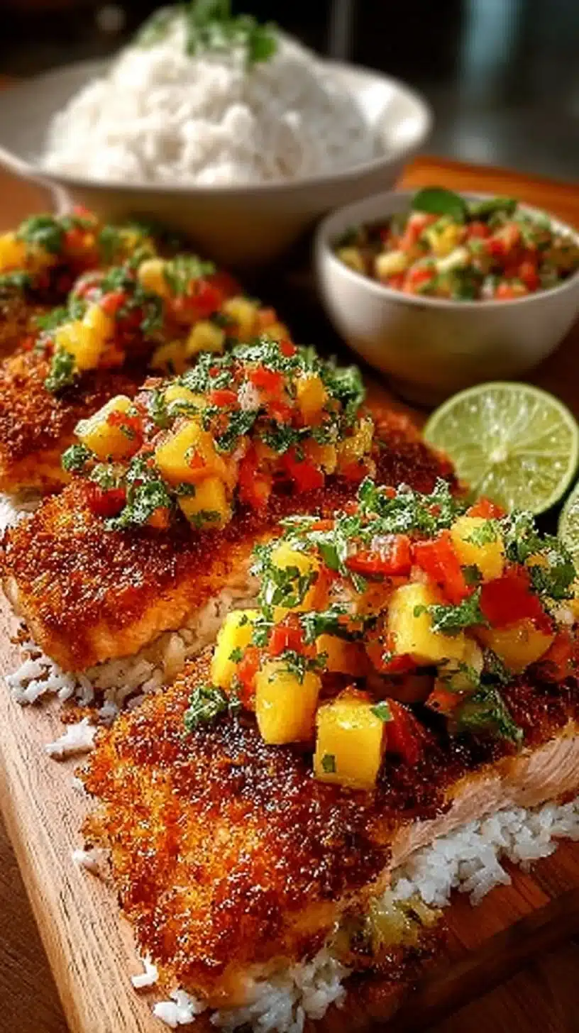Delicious coconut crusted salmon served with refreshing pineapple salsa